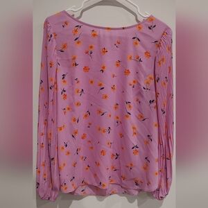 Ann Taylor Pink, Orange Floral Top W/ Pleated Sleeve Romantical Date Night NWT